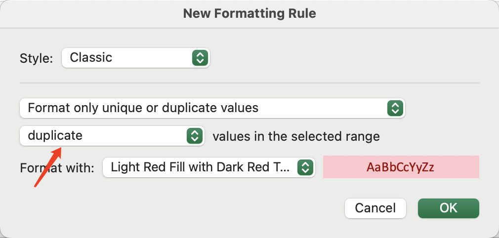 Configuration example for highlighting duplicates in Excel