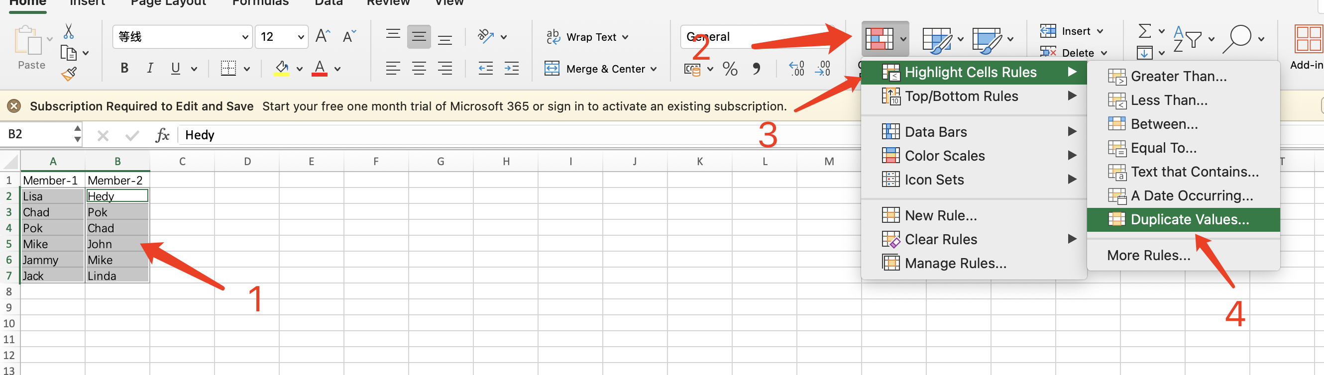 Example of highlighting duplicate items in Excel
