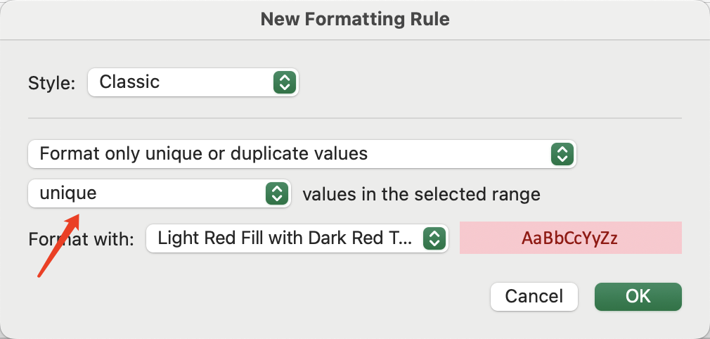 Configuration example for highlighting unique items in Excel