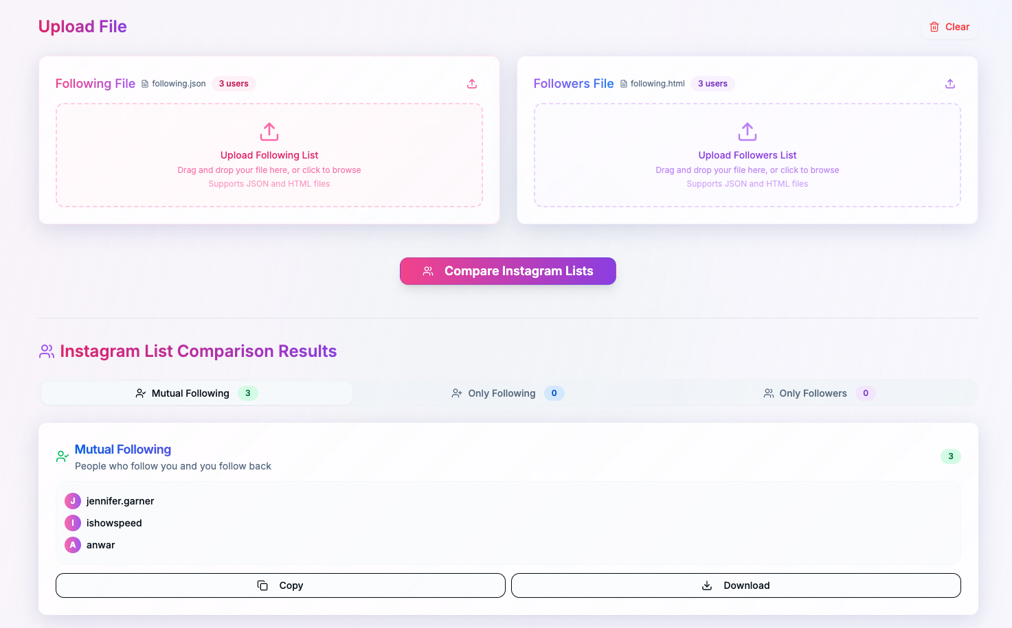 instagram list compare